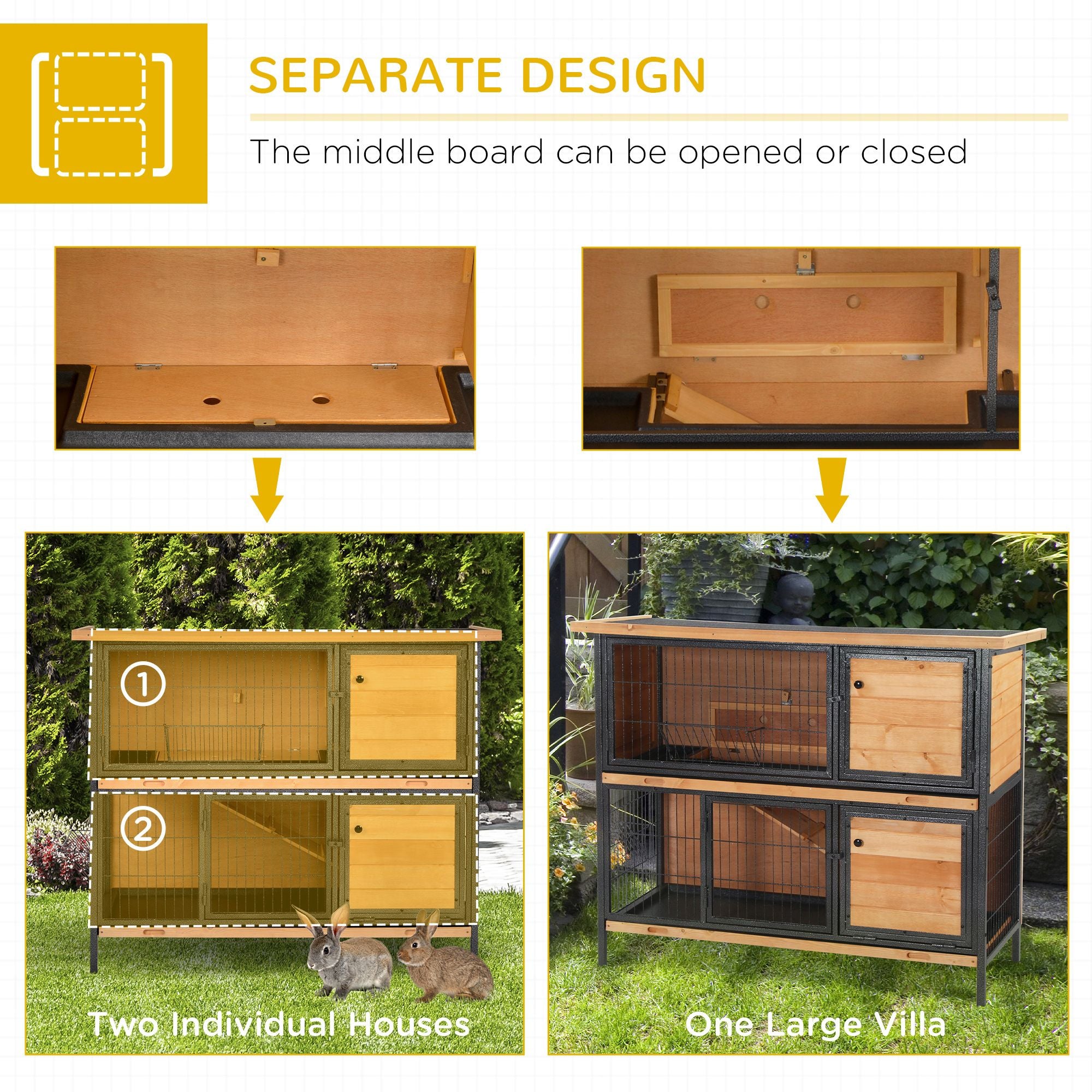 furniture-style 2-Level Bunny Hutch with Asphalt Roof and Feeding Troughs
