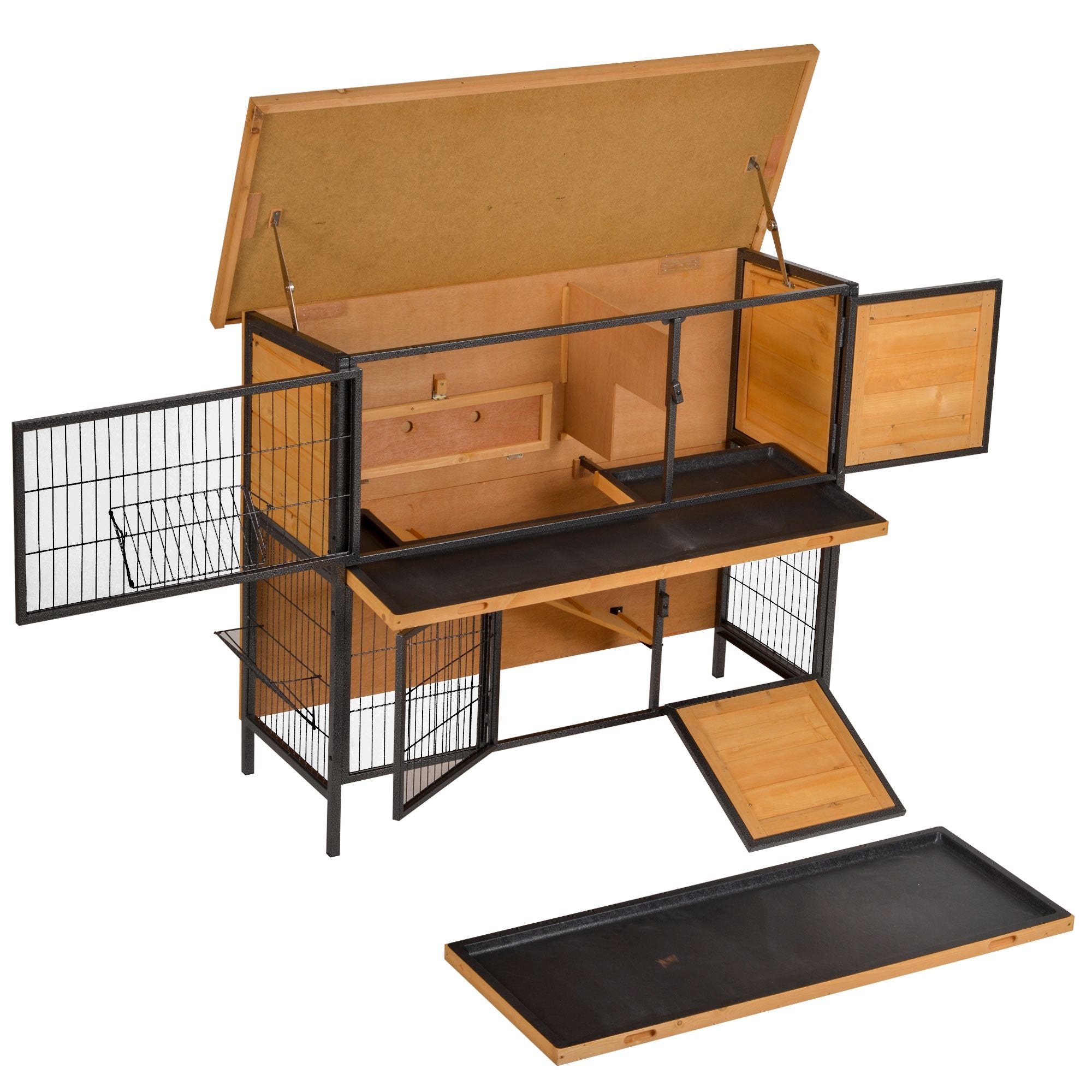 furniture-style 2-Level Bunny Hutch with Asphalt Roof and Feeding Troughs
