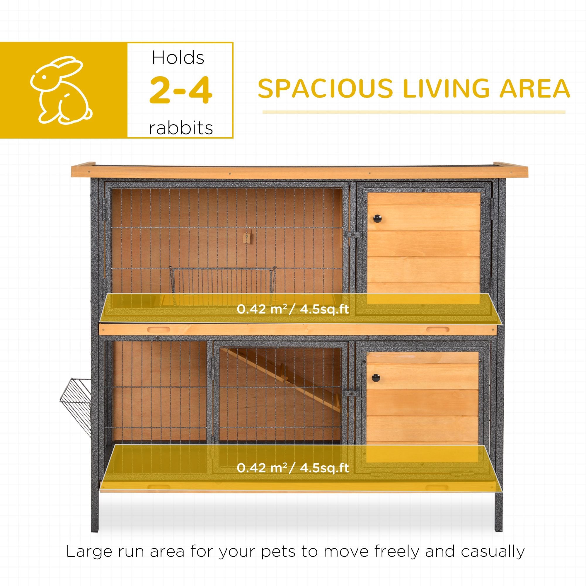 furniture-style 2-Level Bunny Hutch with Asphalt Roof and Feeding Troughs
