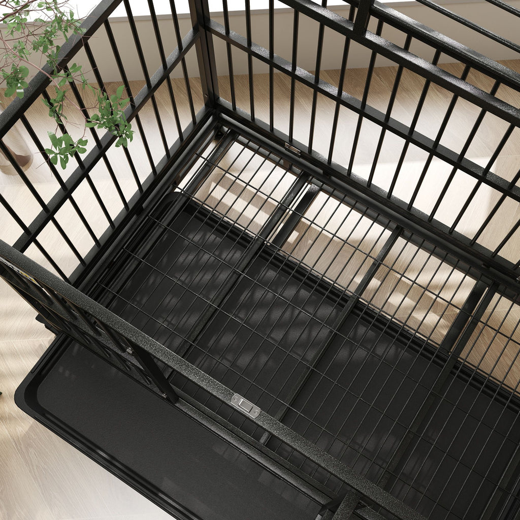 48" Heavy Duty Dog Crate Metal Cage Kennel with Lockable Wheels, Double Door and Removable Tray, gray