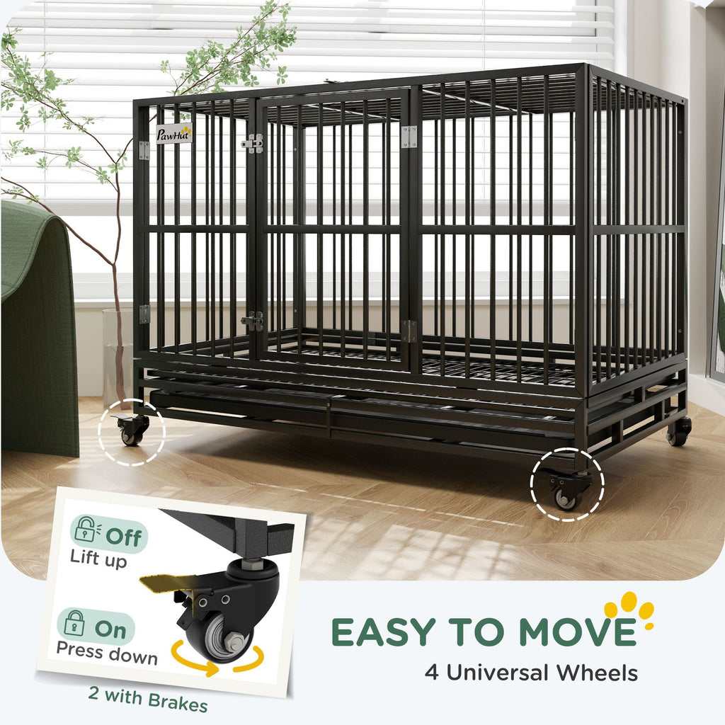 48" Heavy Duty Dog Crate Metal Cage Kennel with Lockable Wheels, Double Door and Removable Tray, gray