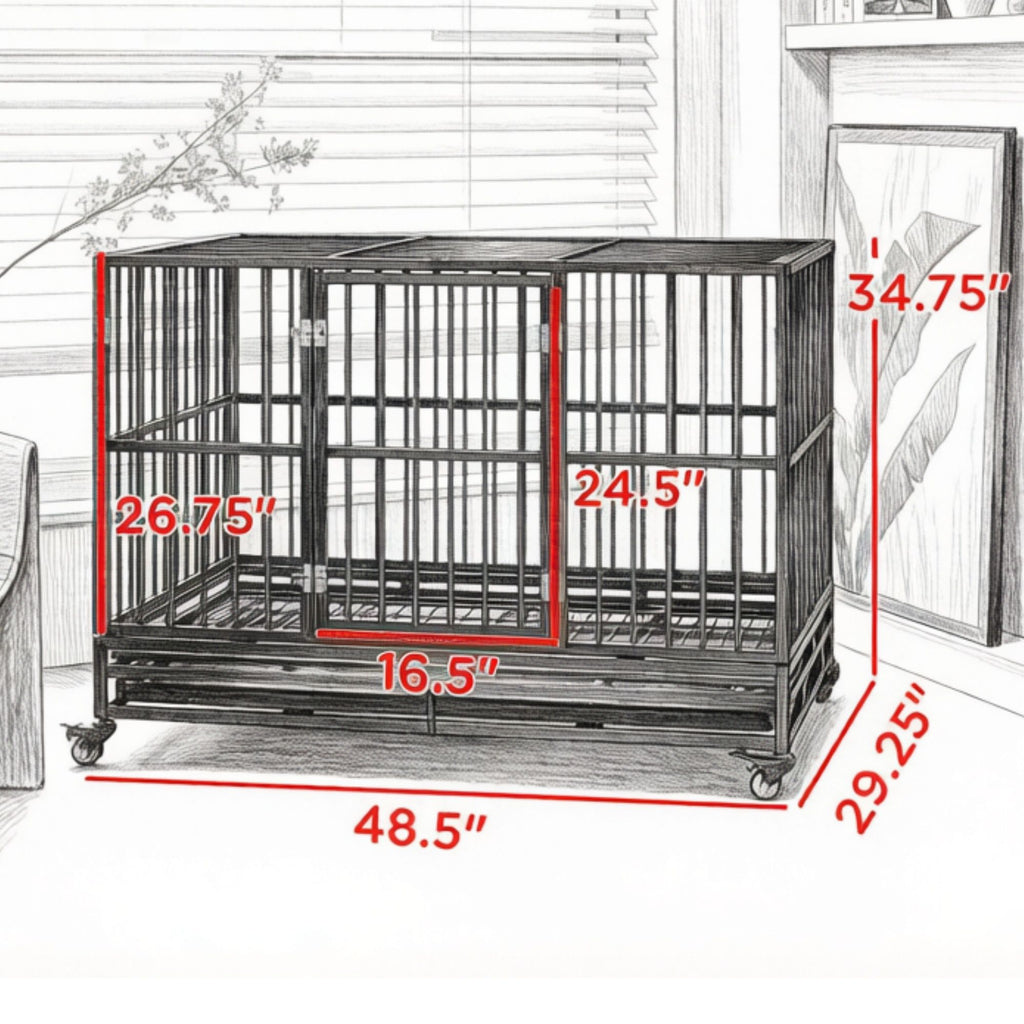 48" practical structured Dog Crate Kennel with Lockable Wheels Double Door Removable Tray Gray