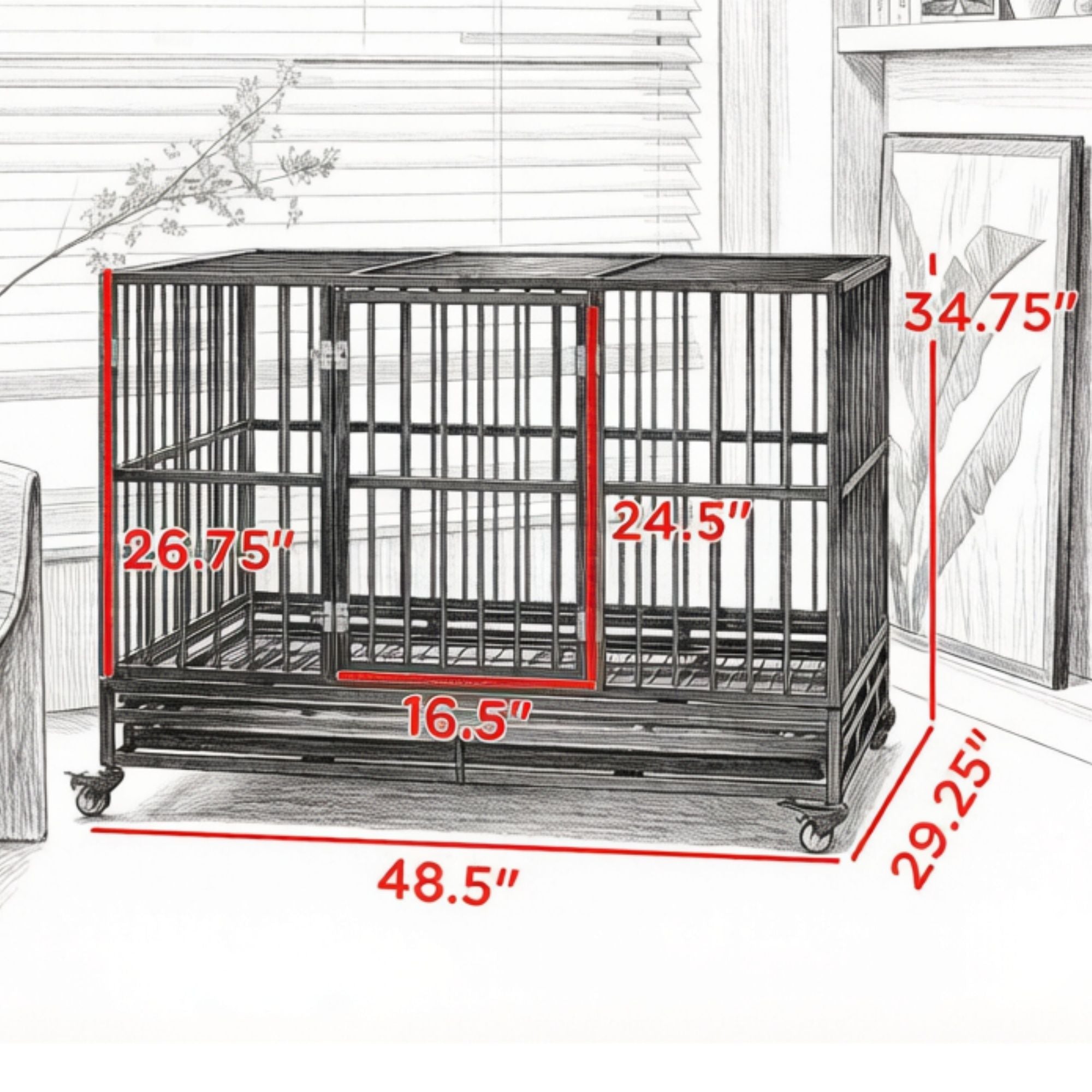 48" practical structured Dog Crate Kennel with Lockable Wheels Double Door Removable Tray Gray