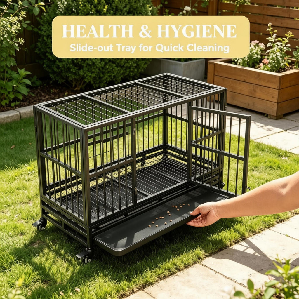 48" practical structured Dog Crate Kennel with Lockable Wheels Double Door Removable Tray Gray