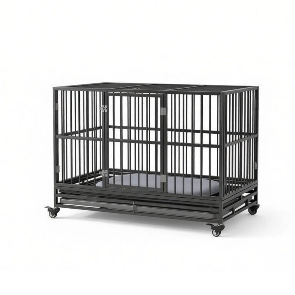 48" practical structured Dog Crate Kennel with Lockable Wheels Double Door Removable Tray Gray