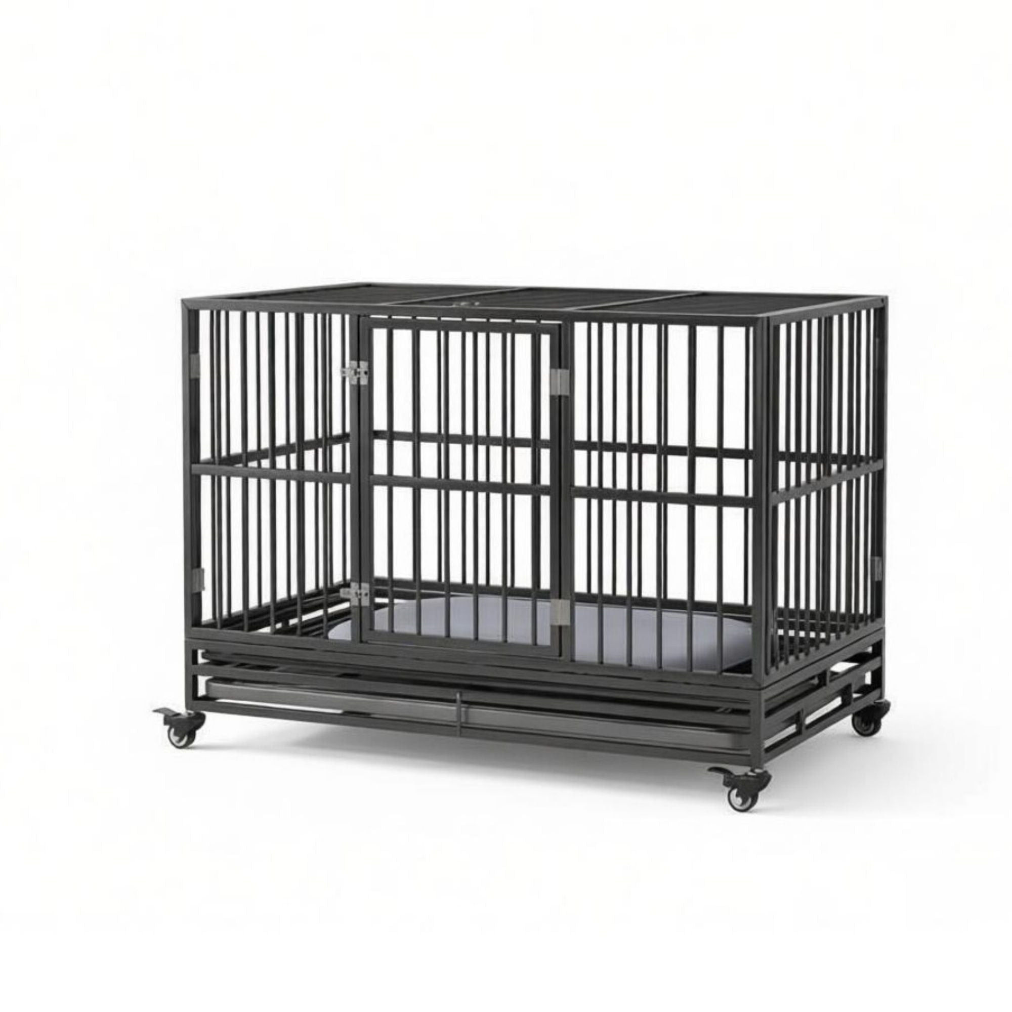 48" practical structured Dog Crate Kennel with Lockable Wheels Double Door Removable Tray Gray