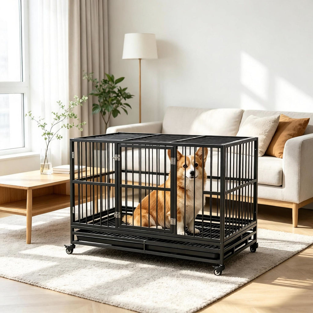 48" practical structured Dog Crate Kennel with Lockable Wheels Double Door Removable Tray Gray
