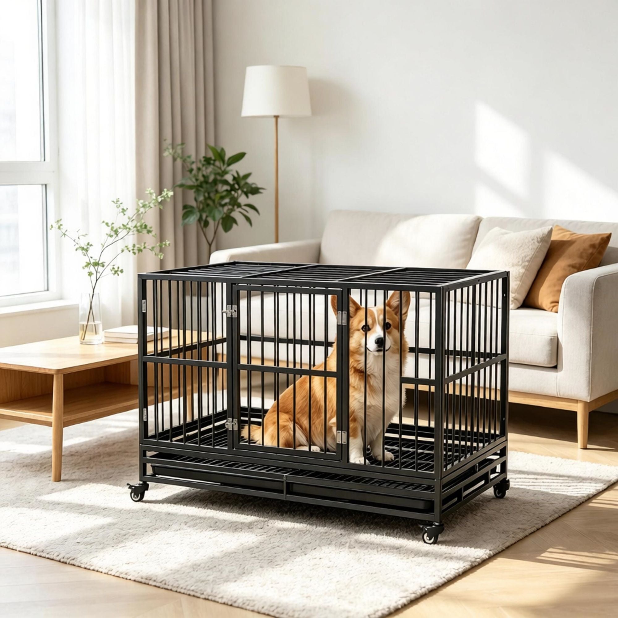 48" practical structured Dog Crate Kennel with Lockable Wheels Double Door Removable Tray Gray