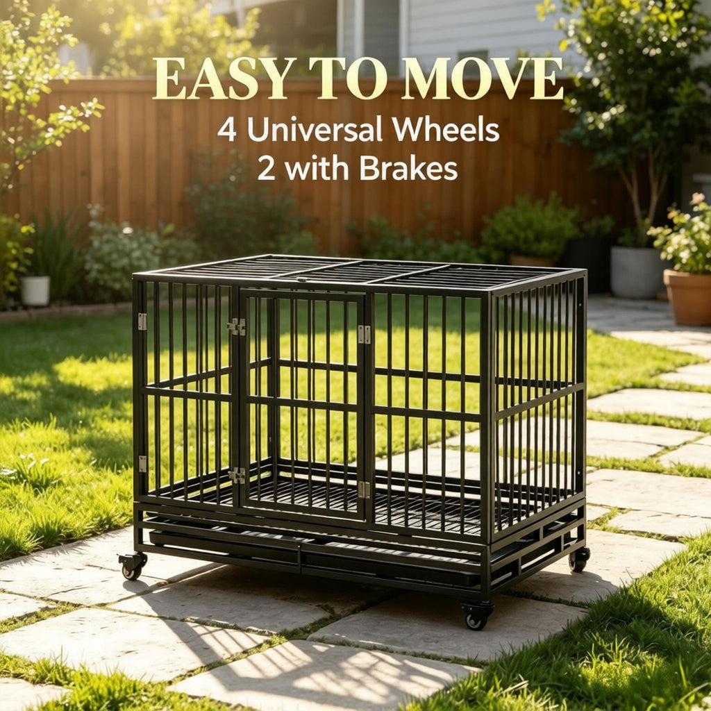 48" practical structured Dog Crate Kennel with Lockable Wheels Double Door Removable Tray Gray