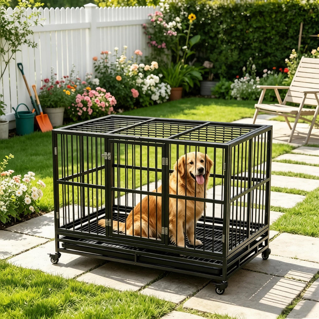 48" practical structured Dog Crate Kennel with Lockable Wheels Double Door Removable Tray Gray