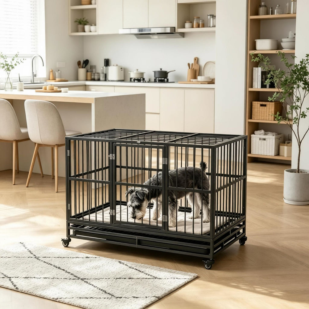 48" practical structured Dog Crate Kennel with Lockable Wheels Double Door Removable Tray Gray