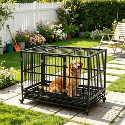 48" practical structured Dog Crate Kennel with Lockable Wheels Double Door Removable Tray Gray