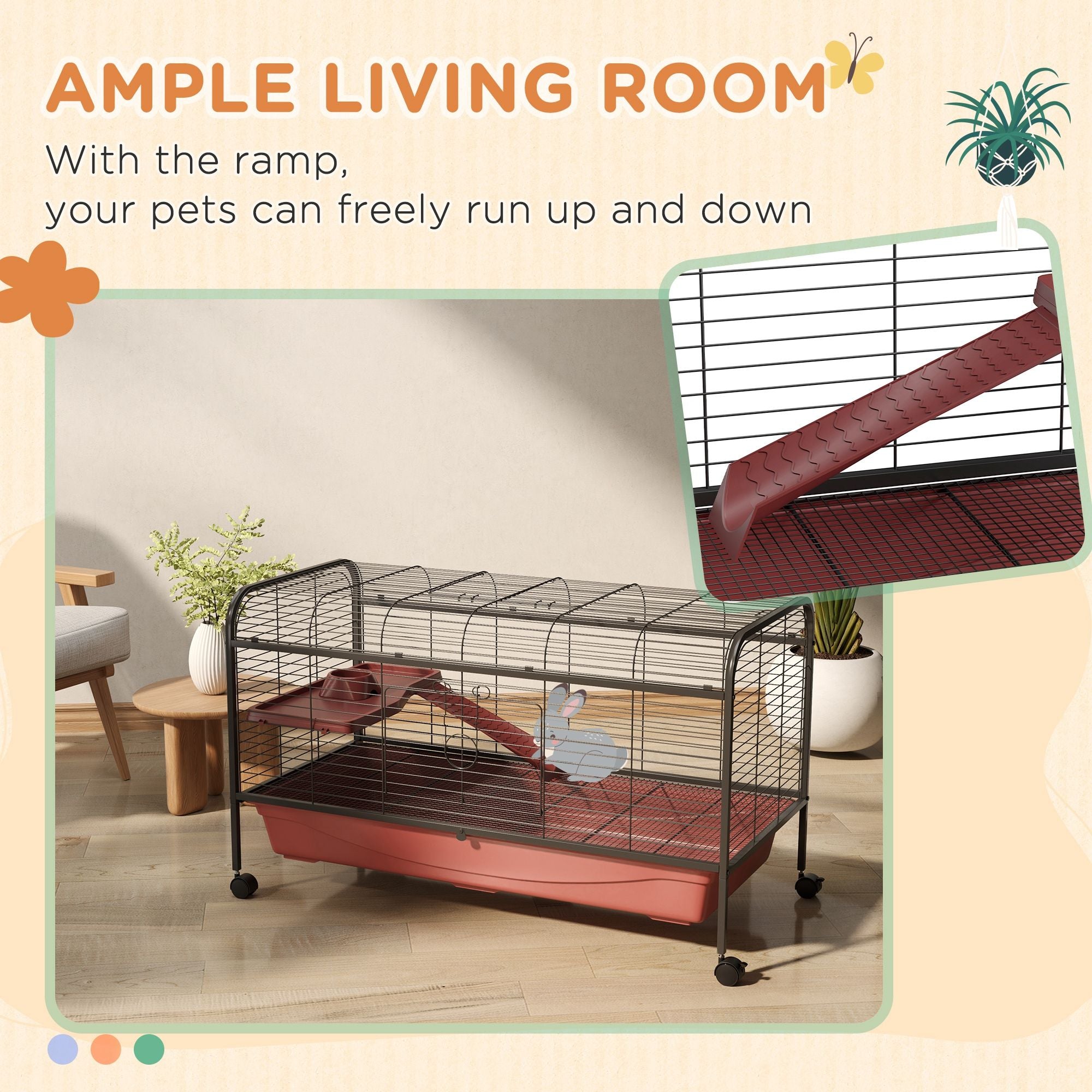 48"L Mobile Small Animal Cage for Rabbits & Ferrets with Multi-Level Platform