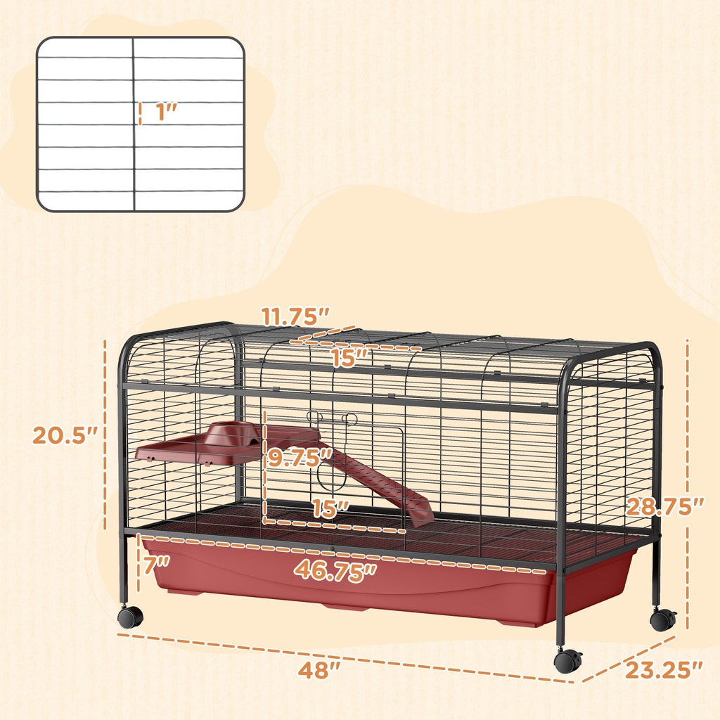 48"L Mobile Small Animal Cage for Rabbits & Ferrets with Multi-Level Platform