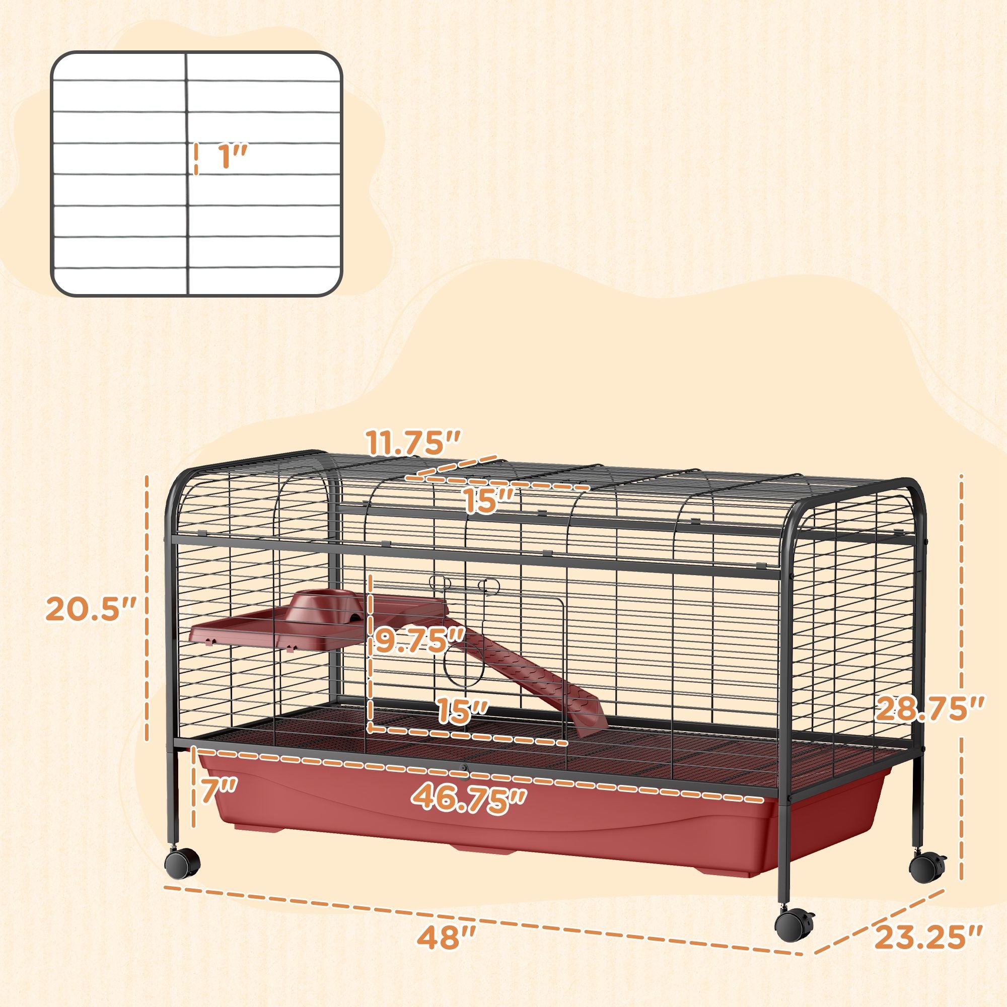 48"L Mobile Small Animal Cage for Rabbits & Ferrets with Multi-Level Platform
