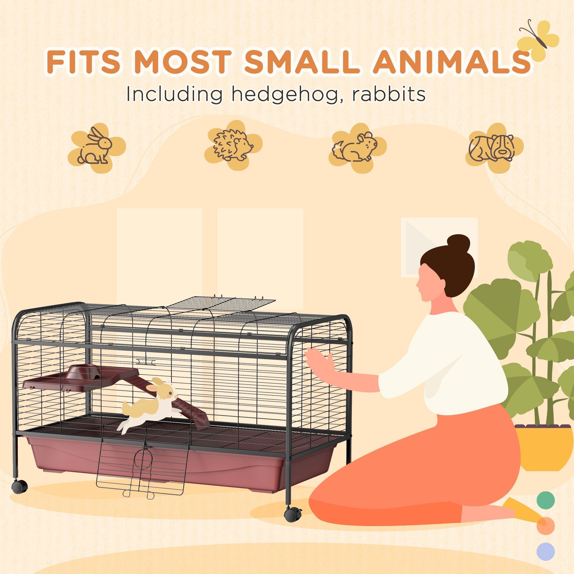 48"L Mobile Small Animal Cage for Rabbits & Ferrets with Multi-Level Platform