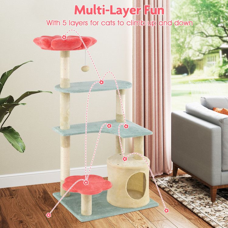 Five-Level Cat Tower with a Flower-Shaped Perch and Sisal Scratching Posts