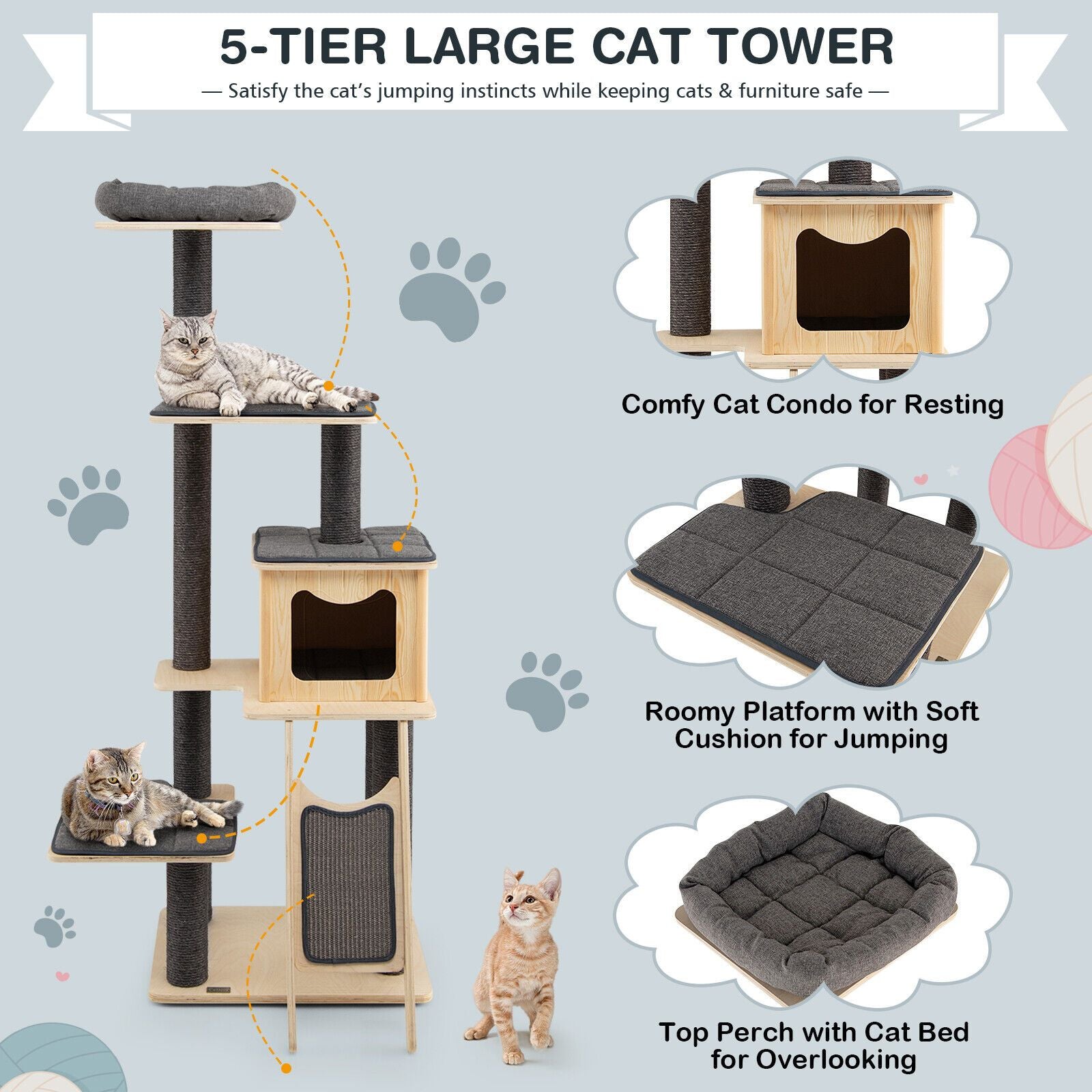 5-Tier Modern furniture-style Cat Tower with Washable Cushions