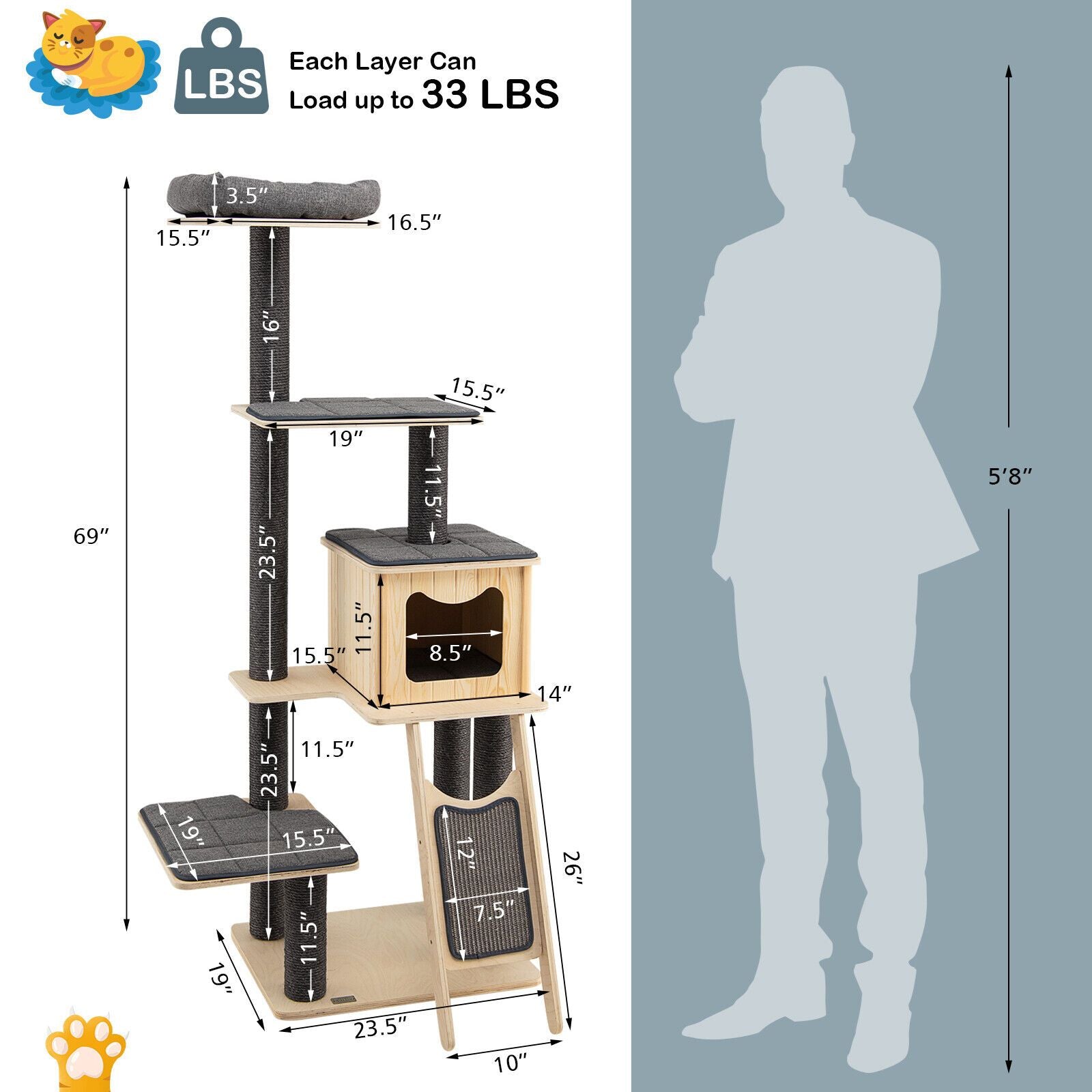 5-Tier Modern furniture-style Cat Tower with Washable Cushions