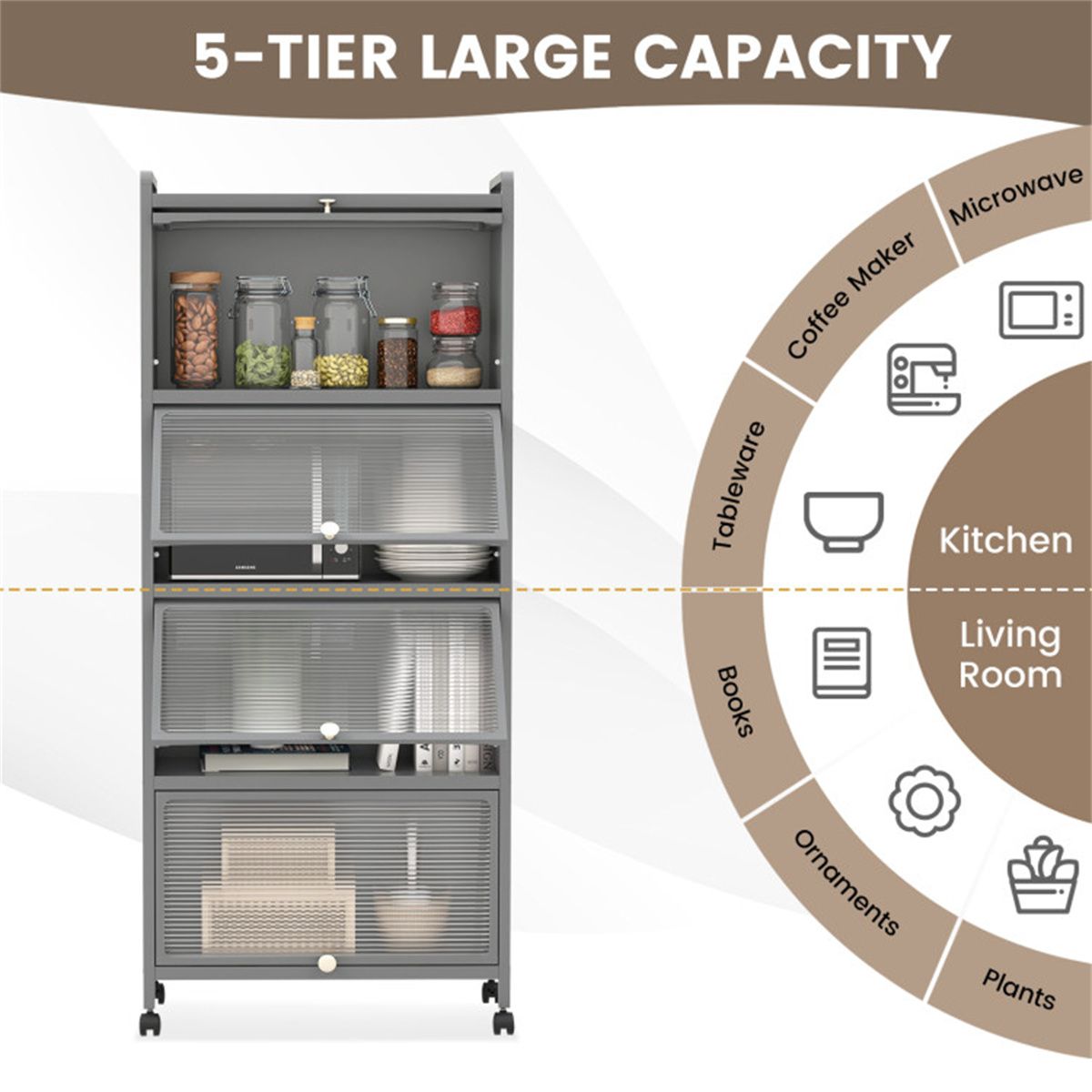 5-Tier Rolling Storage Stand with Flip Doors – Perfect for Pet Supplies & More