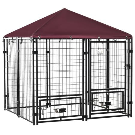 Spacious Outdoor Dog Kennel with UV-Protective Canopy and Rotating Bowl Holder