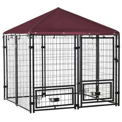 Spacious Outdoor Dog Kennel with UV-Protective Canopy and Rotating Bowl Holder