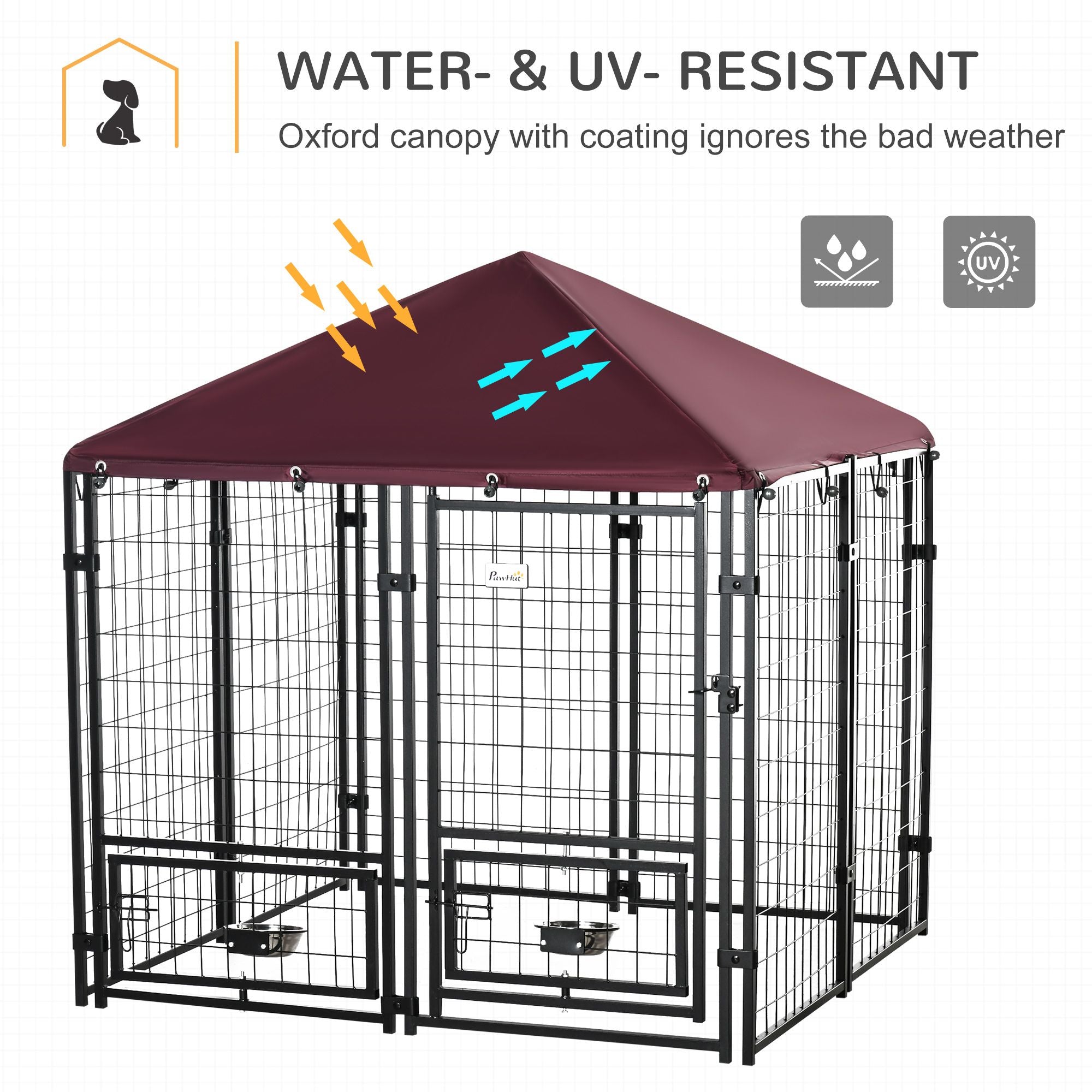 Spacious Outdoor Dog Kennel with UV-Protective Canopy and Rotating Bowl Holder