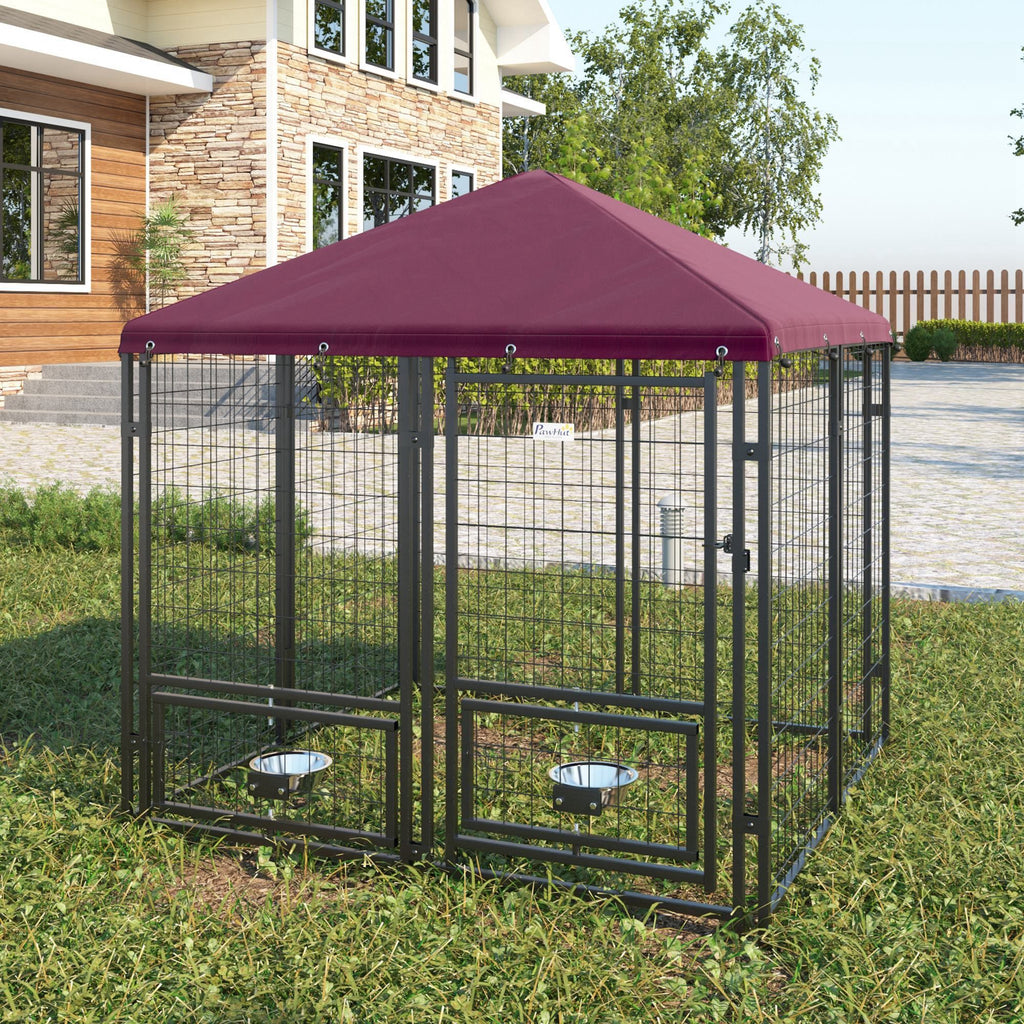Spacious Outdoor Dog Kennel with UV-Protective Canopy and Rotating Bowl Holder