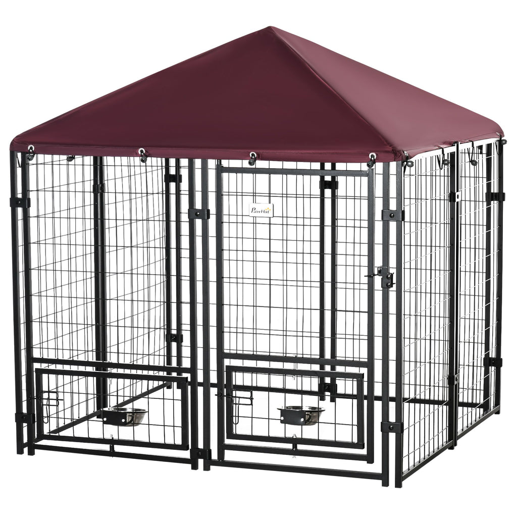 Spacious Outdoor Dog Kennel with UV-Protective Canopy and Rotating Bowl Holder