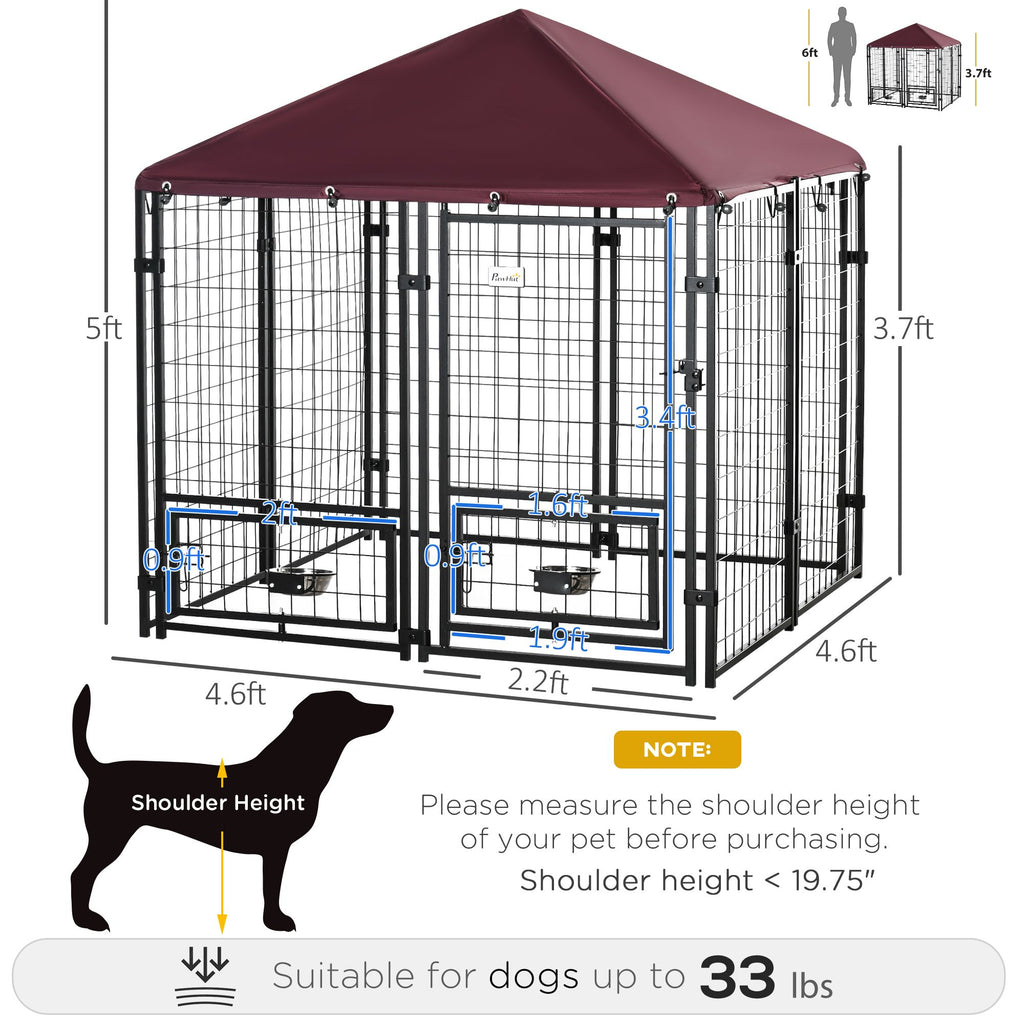 Spacious Outdoor Dog Kennel with UV-Protective Canopy and Rotating Bowl Holder