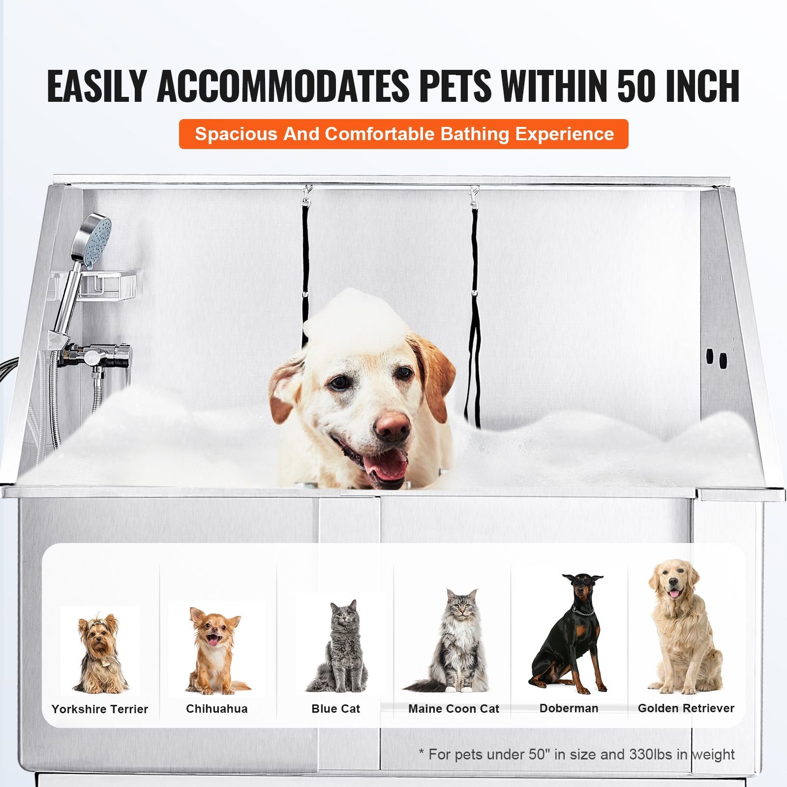 Professional Electric Height-Adjustable Dog Bathing Station – 50" Stainless Steel Tub for Pets Up to 330 lbs