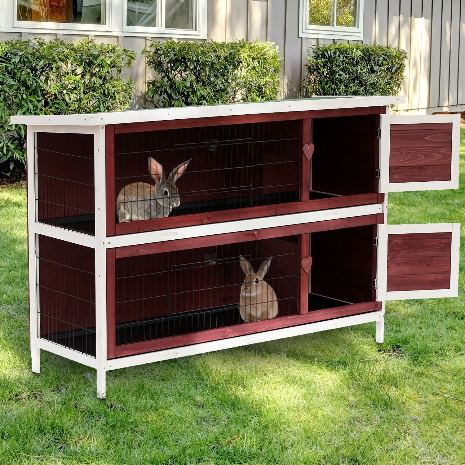 Weatherproof 2-Story Rabbit Hutch with Enclosed Run and Pull-Out Trays