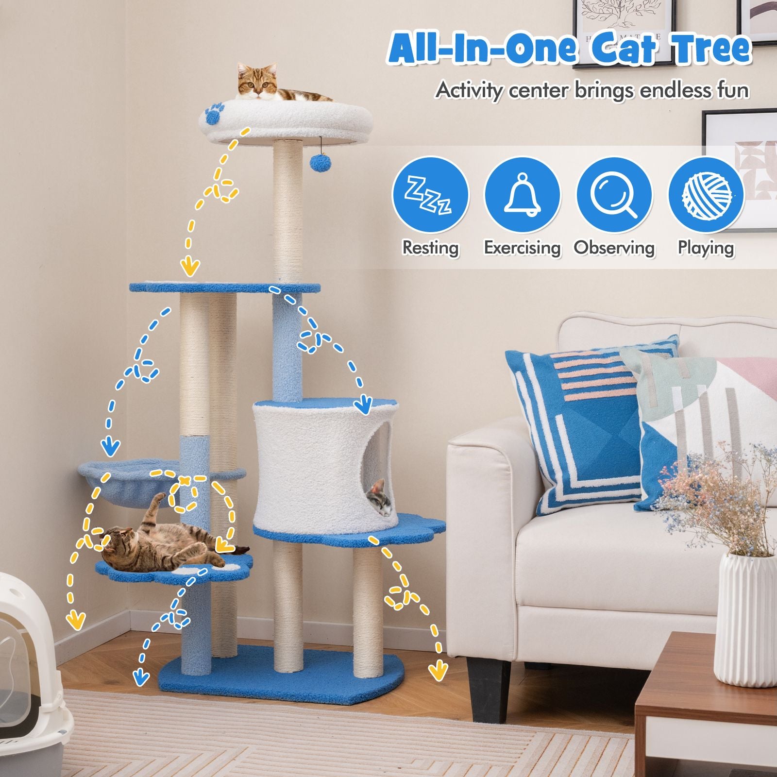 54- Modern Cat Tree Tower with Condo, Hammock & Scratching Posts