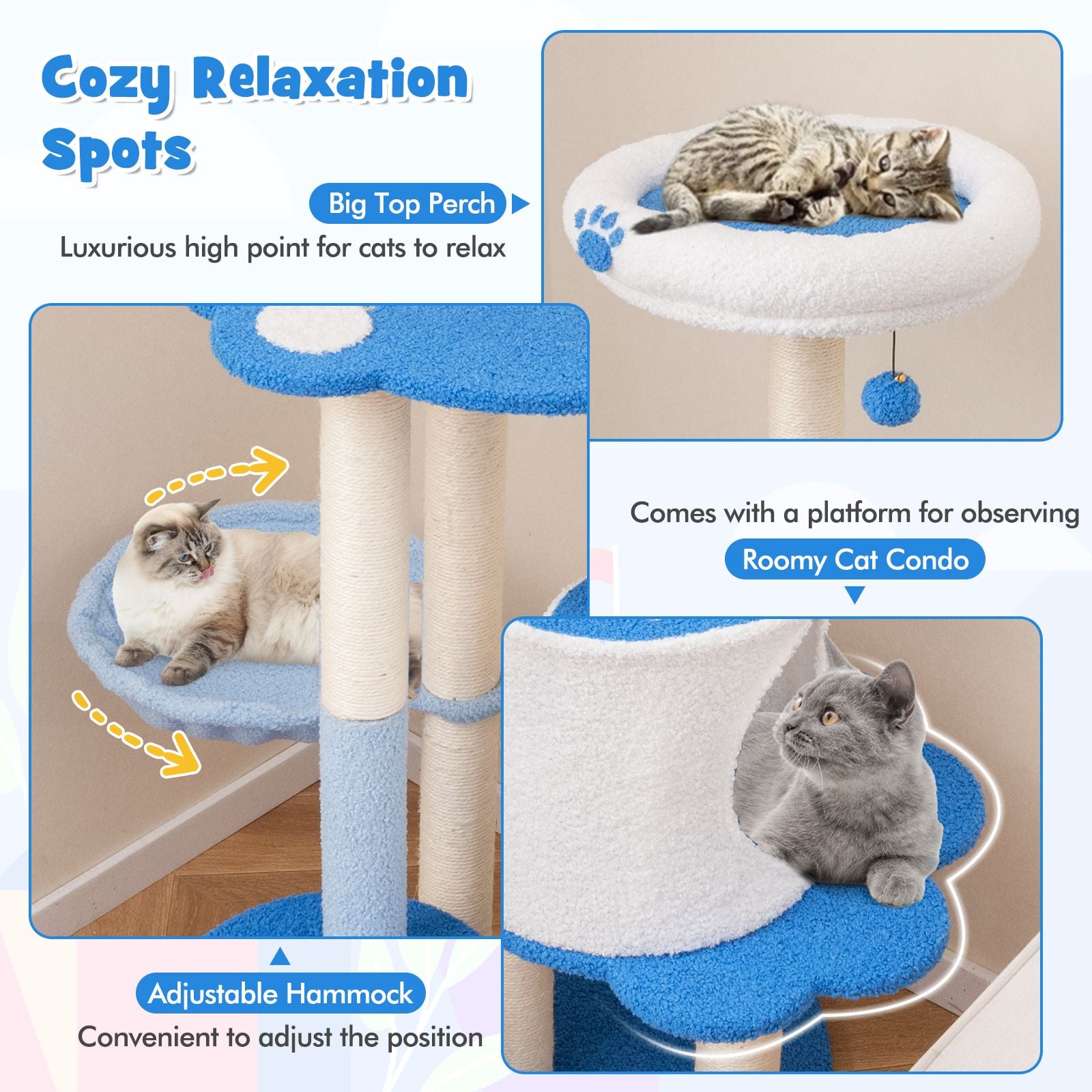 54- Modern Cat Tree Tower with Condo, Hammock & Scratching Posts