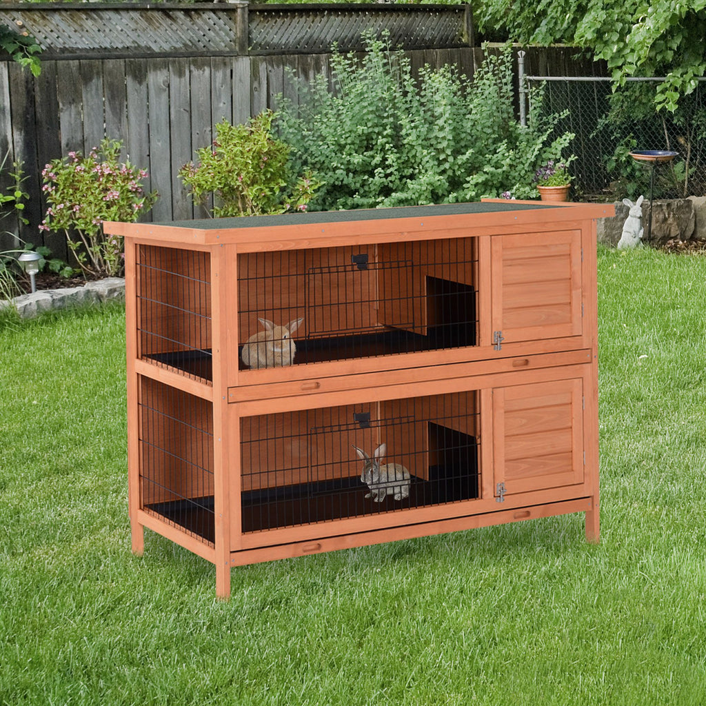 Compact 2-Tier Rabbit Hutch with Pull-Out Trays and Weather-Protective Roof