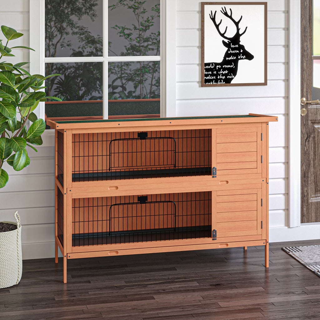 Compact 2-Tier Rabbit Hutch with Pull-Out Trays and Weather-Protective Roof