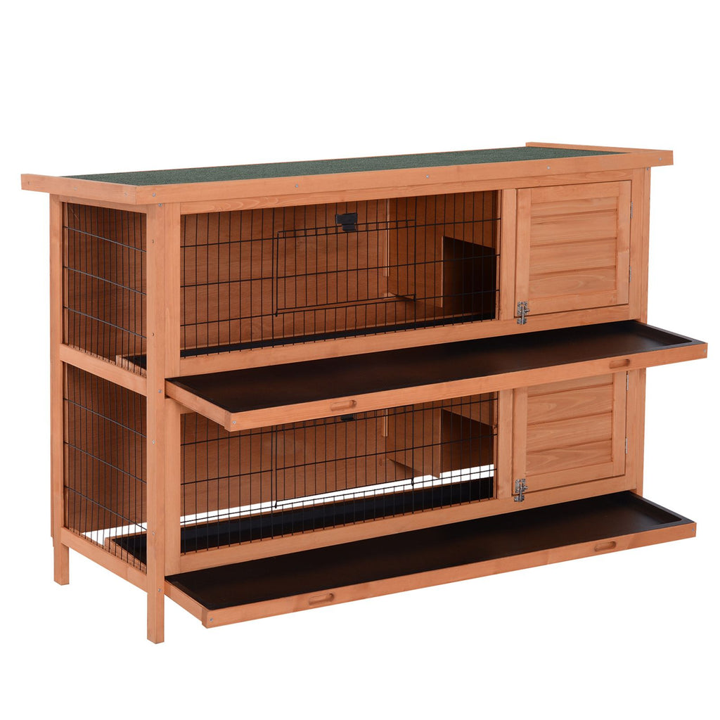 Compact 2-Tier Rabbit Hutch with Pull-Out Trays and Weather-Protective Roof