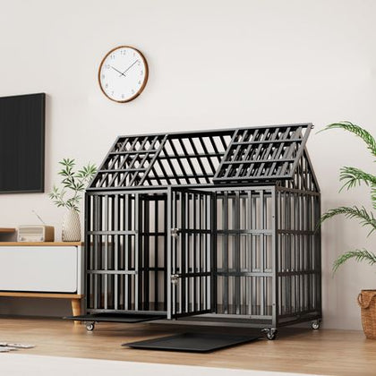 55" Heavy Duty Dog Crate for Large Dogs with Lockable Wheels