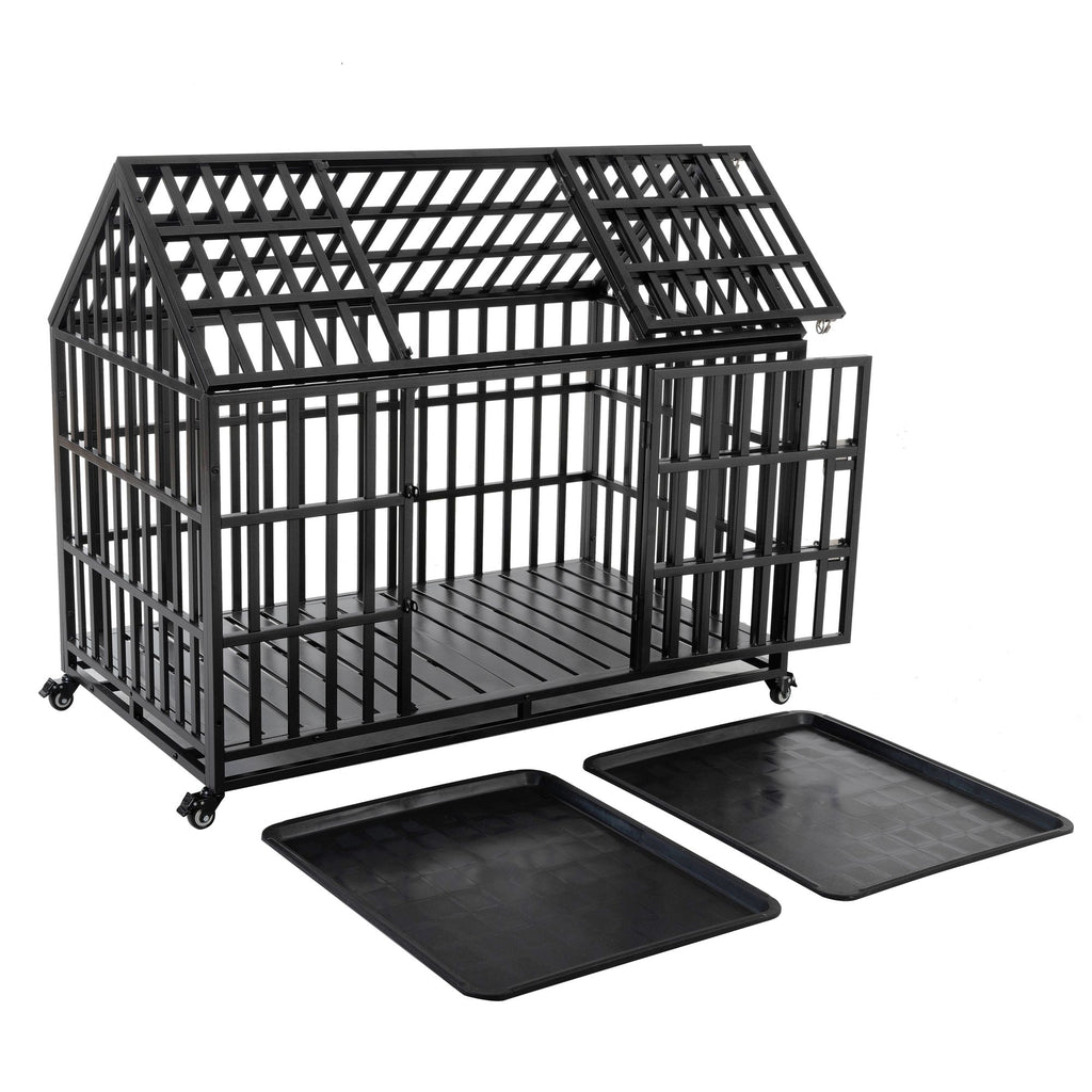 55" Heavy Duty Dog Crate for Large Dogs with Lockable Wheels