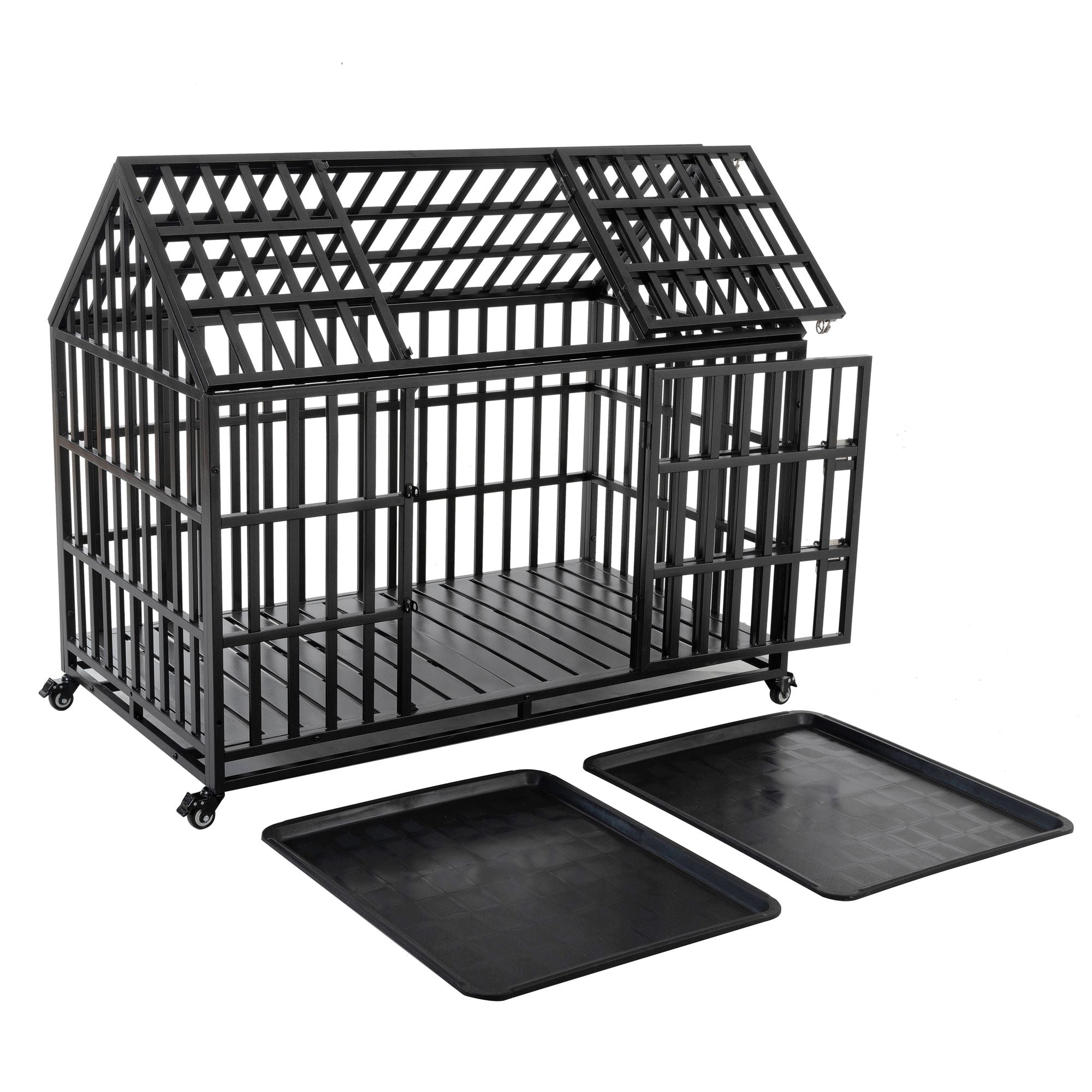55" Heavy Duty Dog Crate for Large Dogs with Lockable Wheels