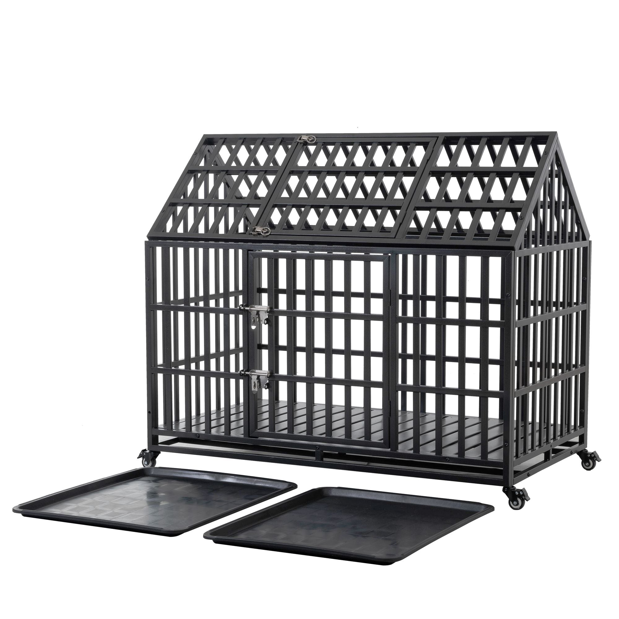 55" Heavy Duty Dog Crate for Large Dogs with Lockable Wheels