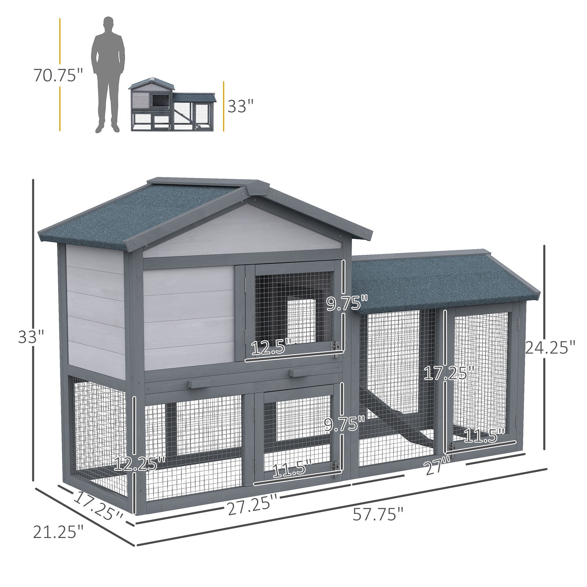 Large 58- Rabbit Hutch with Asphalt Roof and Run Area