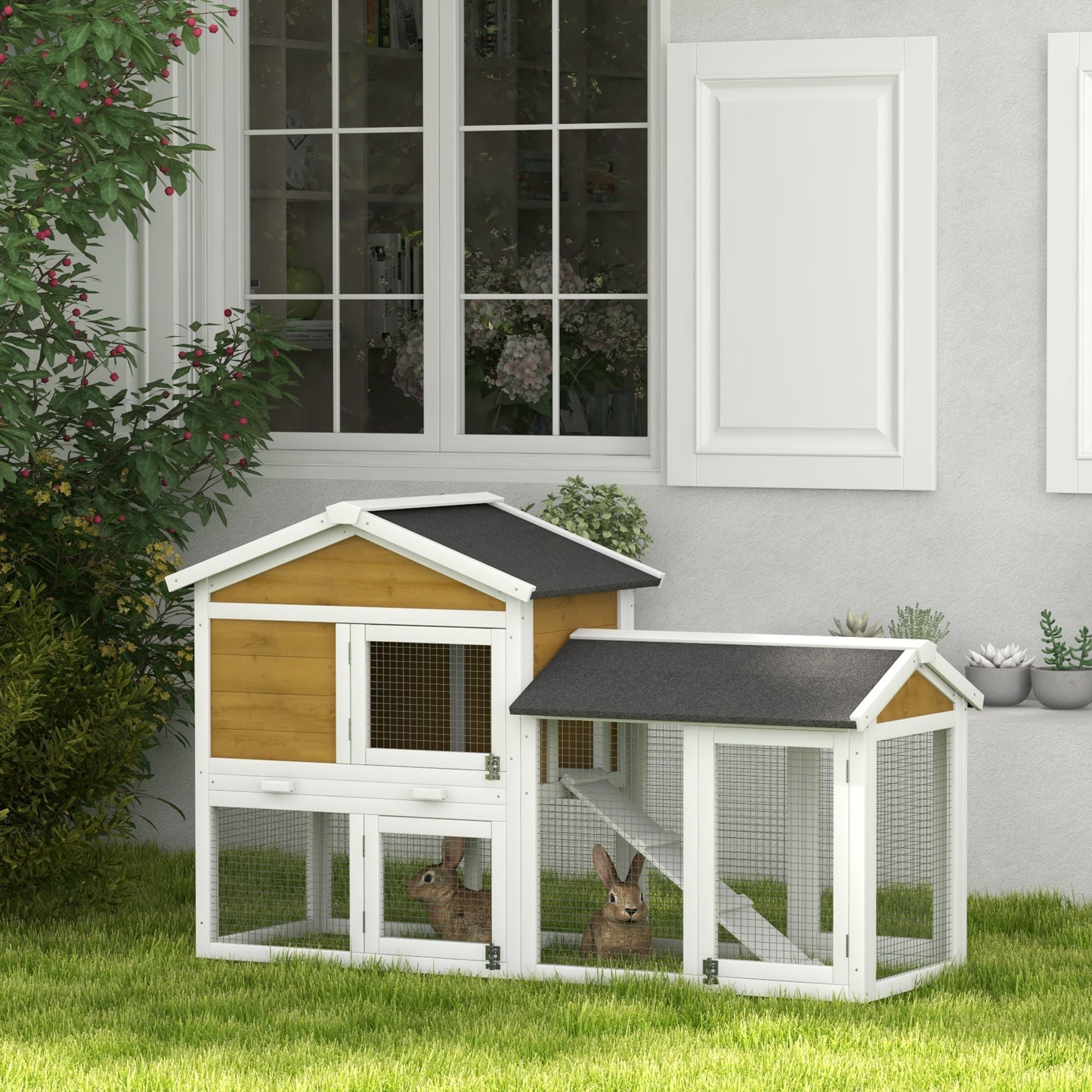 58- furniture-style Rabbit Hutch with Asphalt Roof & Run