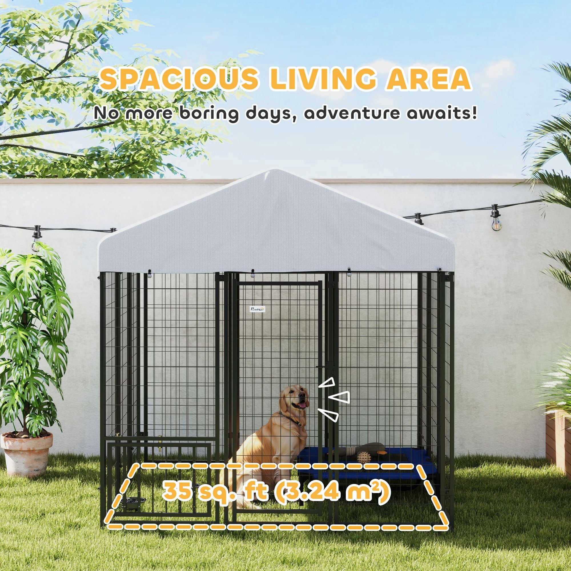 Spacious Outdoor Dog Kennel with Roof & Adjustable Bowls