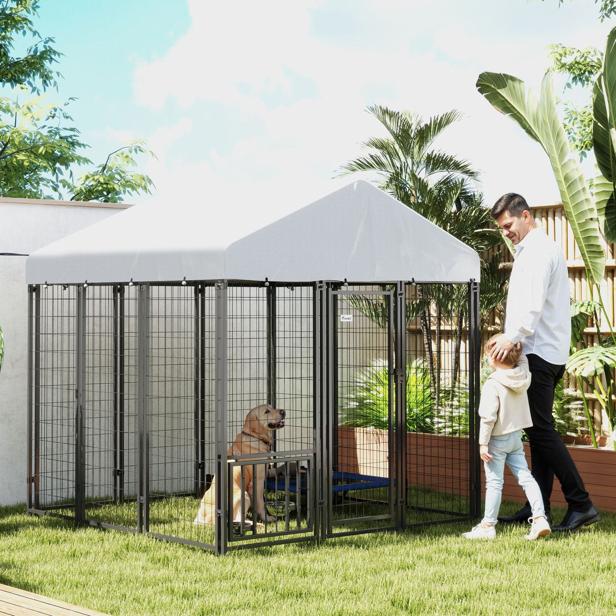 Spacious Outdoor Dog Kennel with Roof & Adjustable Bowls
