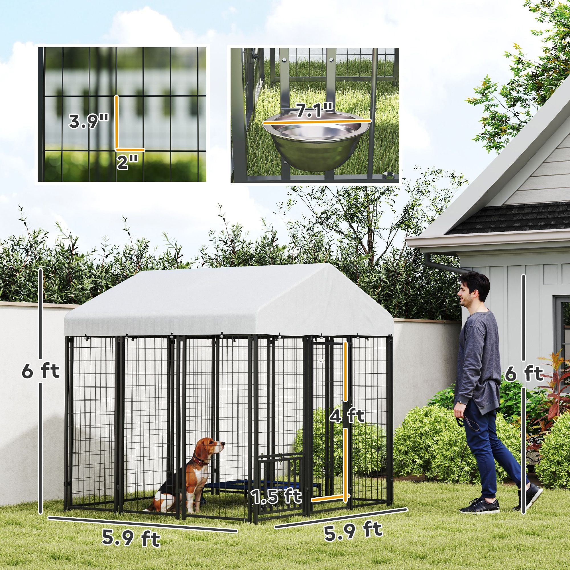 Spacious Outdoor Dog Kennel with Roof & Adjustable Bowls