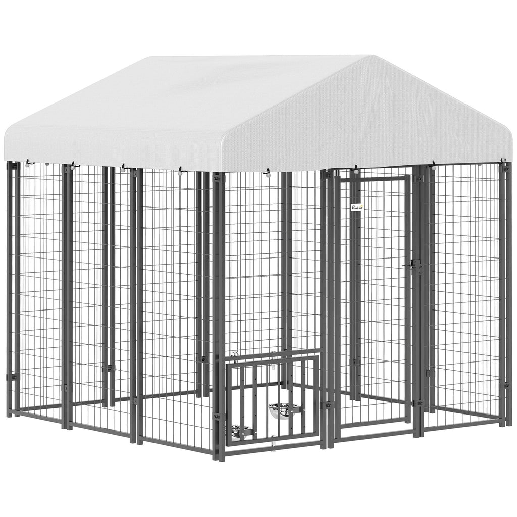 Spacious Outdoor Dog Kennel with Roof & Adjustable Bowls
