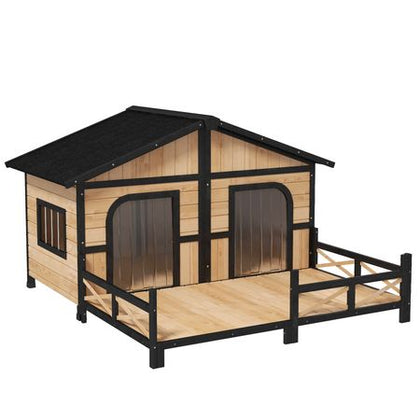 Spacious Double Dog House with Porch – Weatherproof Rustic Log Cabin Style