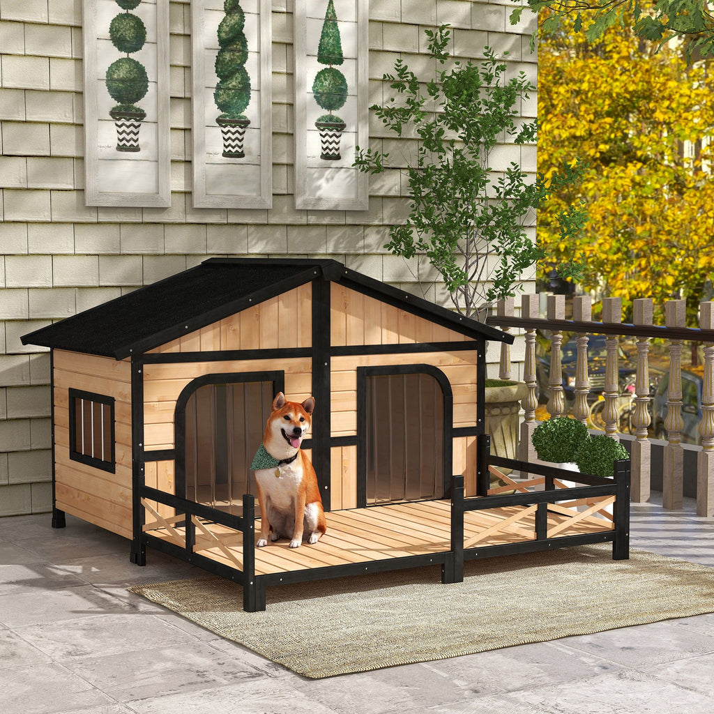 Spacious Double Dog House with Porch – Weatherproof Rustic Log Cabin Style