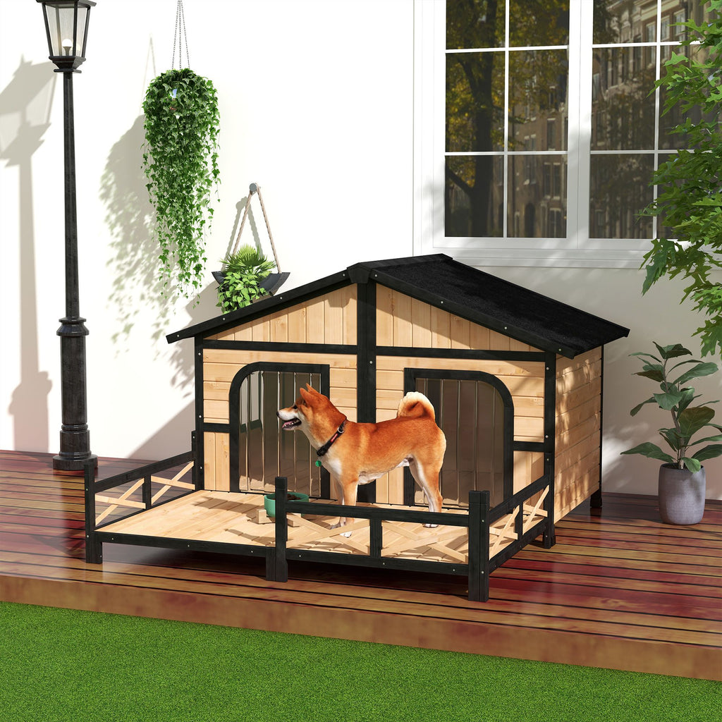 Spacious Double Dog House with Porch – Weatherproof Rustic Log Cabin Style